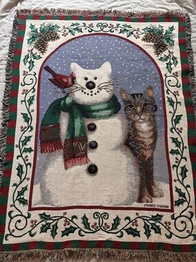 VTG The Rug Barn Stephanie Stouffer Cotton Cat Snowman Tapestry Throw 53x 67”